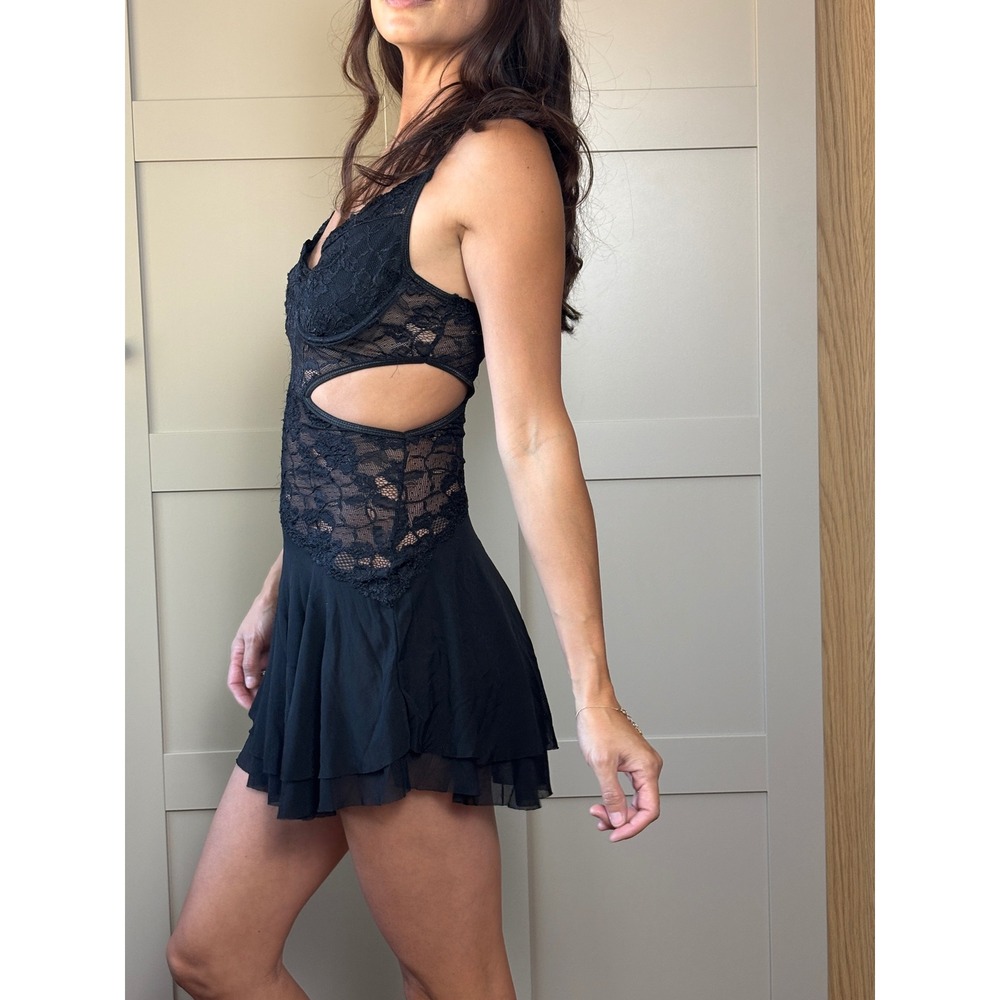Black Lace Cut Out Mini Dress Underwire Bust Tiered Mesh Skirt Open Back